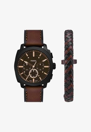 Men's Fossil wristwatch with black dial, chronograph, brown leather strap, and matching brown and black braided leather bracelet.