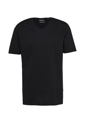 Czarny bawełniany T-shirt z krótkim rękawem i dekoltem w serek, o regularnym kroju i subtelną metką marki wewnątrz kołnierza.