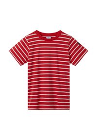 Punainen raidallinen t-paita, jossa on vaaleita vaakaraidoja, lyhyet hihat, pyöreä pääntie ja pieni logo vasemmassa hihassa.