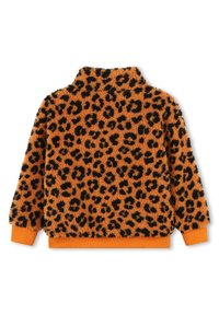 Leopard print pullover made of fuzzy orange fabric with black spots. Features a high neck and orange ribbed cuffs at the hem and sleeves.
