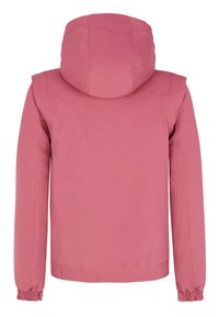 Rosa Kapuzenjacke mit gerippter Textur, elastischen Bündchen und figurnaher Passform. Die Rückseite ist einfarbig ohne Taschen oder zusätzliche Akzente.