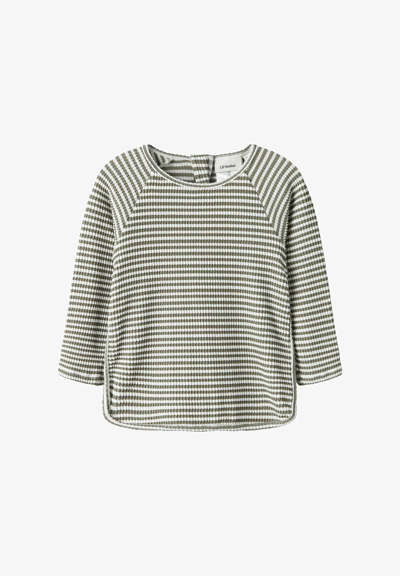 Langermet topp til småbarn med grønne og hvite horisontale striper, strukturert stoff, rund halslinning og knappelukking bak.