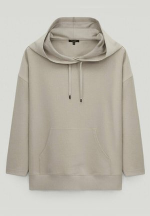 Beige relaxed-fit hoodie with kangaroo pocket, drawstring hood, and long sleeves, displayed on a plain light background.
