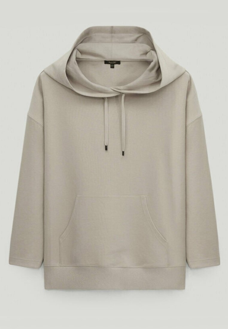 Beige relaxed-fit hoodie with kangaroo pocket, drawstring hood, and long sleeves, displayed on a plain light background.