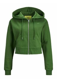 Sudadera verde corta hecha de tela suave, con cremallera frontal, capucha con cordón y bolsillos tipo canguro. Pequeño logo en el pecho.