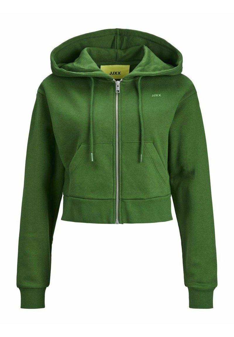 Sudadera verde corta hecha de tela suave, con cremallera frontal, capucha con cordón y bolsillos tipo canguro. Pequeño logo en el pecho.