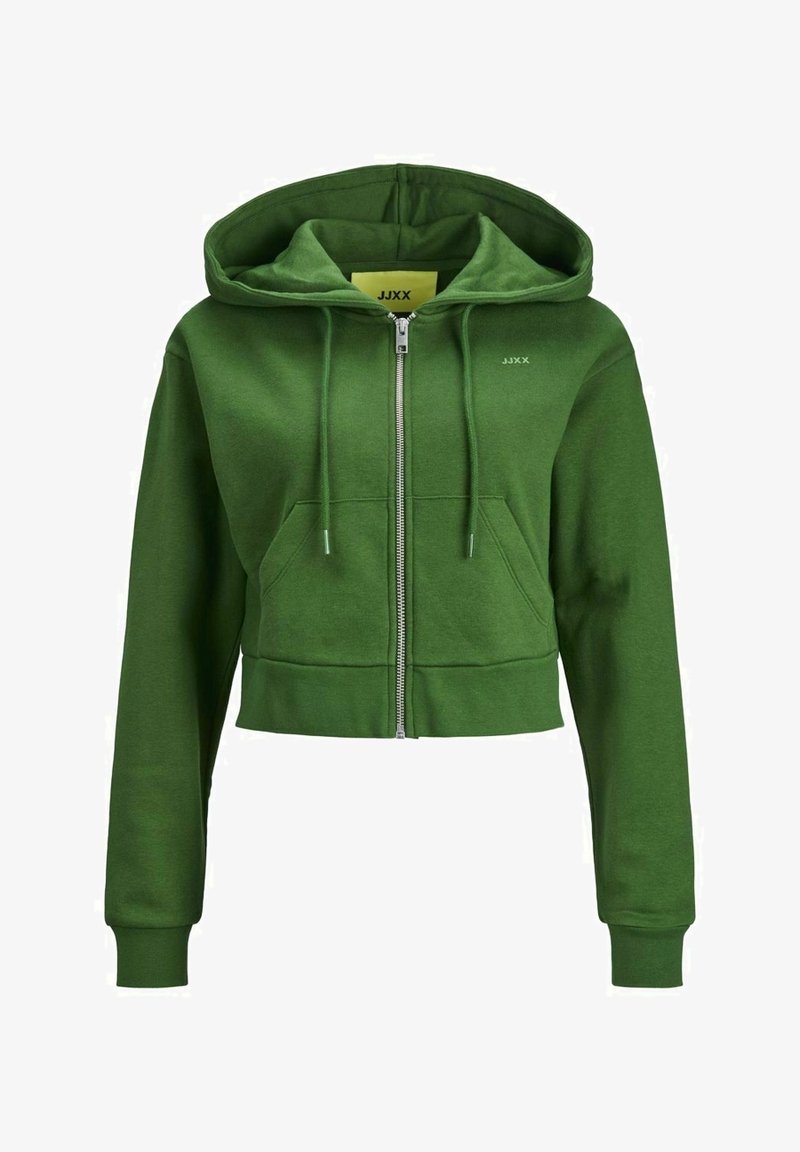 Sudadera verde corta hecha de tela suave, con cremallera frontal, capucha con cordón y bolsillos tipo canguro. Pequeño logo en el pecho.