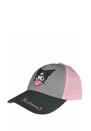 Baseball cap with gray front, pink back, black visor, featuring cartoon character holding pink heart and "Kuromi" text on visor.