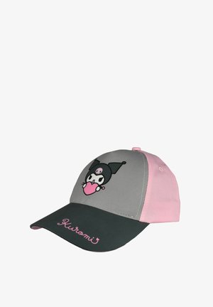 Baseball cap with gray front, pink back, black visor, featuring cartoon character holding pink heart and "Kuromi" text on visor.