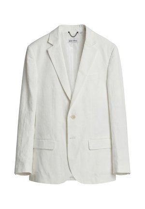 Blazer blanco para hombre con un botón, solapas con muesca, dos bolsillos delanteros con solapa y un lazo de cadena dentro del cuello para colgar.