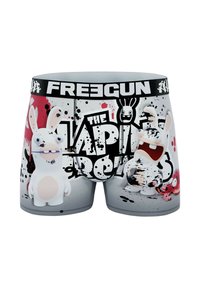 Boxers gris ornés de motifs de dessins animés de lapins, de motifs éclaboussés et de la marque "FREEGUN" sur la ceinture.