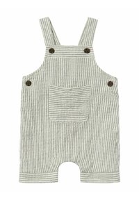 Pettorine grigie a righe realizzate in tessuto con spalline larghe, tasca anteriore e dettagli in legno. Il design presenta una vestibilità comoda con gambe corte.
