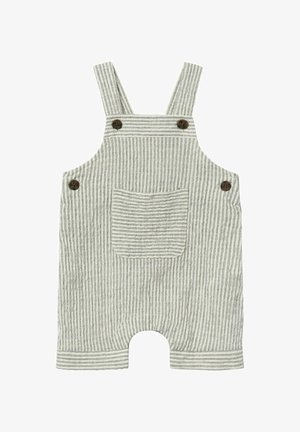 Pettorine grigie a righe realizzate in tessuto con spalline larghe, tasca anteriore e dettagli in legno. Il design presenta una vestibilità comoda con gambe corte.