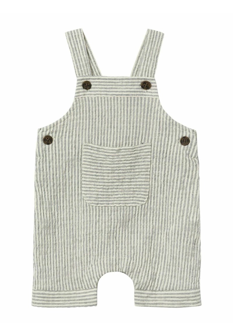 Pettorine grigie a righe realizzate in tessuto con spalline larghe, tasca anteriore e dettagli in legno. Il design presenta una vestibilità comoda con gambe corte.