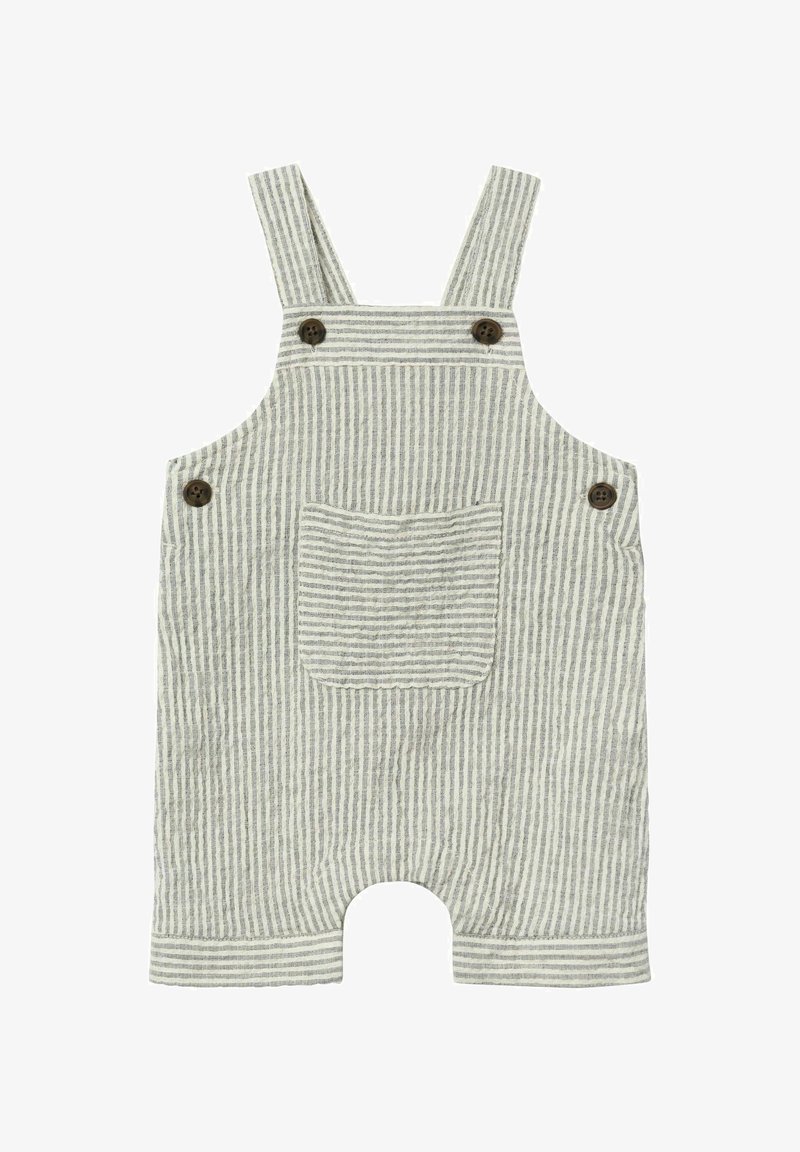 Pettorine grigie a righe realizzate in tessuto con spalline larghe, tasca anteriore e dettagli in legno. Il design presenta una vestibilità comoda con gambe corte.