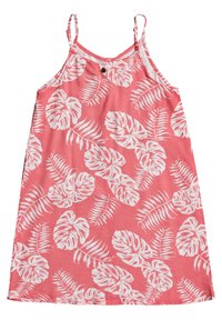 Różowa sukienka bez rękawów z białym wzorem tropikalnych liści, wykonana z lekkiego materiału, z regulowanymi ramiączkami. Zawiera mały detal w postaci guzika przy szyi.