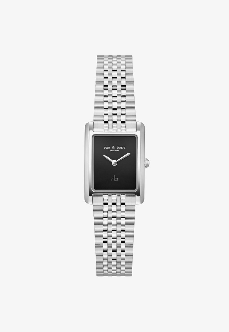 Rechthoekig zilveren horloge met een zwarte wijzerplaat, een stalen armband en minimalistische uurmarkeringen. Bevat een kroon en een merklogo.