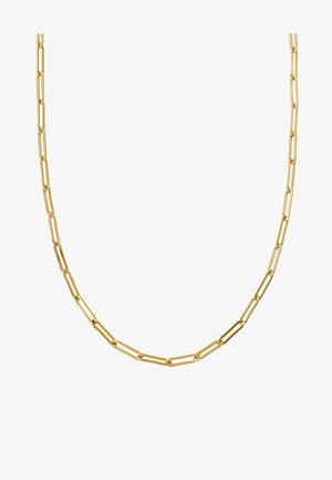 Collar de oro que presenta enlaces de papel alargados con un acabado pulido. Textura suave y forma uniforme en toda su extensión.