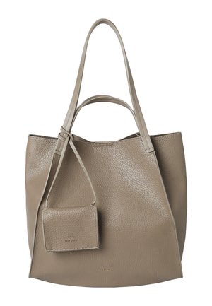 Taupe textured leather tote bag with long and short handles, featuring a matching small pouch attached to one handle.