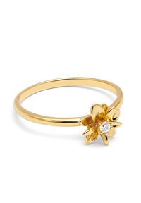 Anello d'oro con un design floreale e una pietra preziosa centrale. Fascetta liscia con finitura lucida. Il fiore presenta cinque petali decorativi.