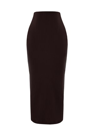 Schwarz gerippter Midirock mit hoher Taille, der eine figurbetonte Silhouette und eine glatte Textur aufweist. Keine sichtbaren Verschlüsse oder Verzierungen.