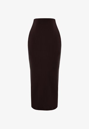 Schwarz gerippter Midirock mit hoher Taille, der eine figurbetonte Silhouette und eine glatte Textur aufweist. Keine sichtbaren Verschlüsse oder Verzierungen.