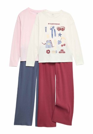 Two sets of long-sleeve pajamas with wide-leg pants; one white top with sleepover-themed print and red pants, one pink top with blue pants.