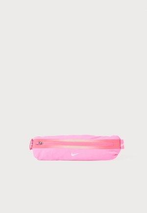 Pink Nike pouch bag with a smooth fabric texture, a zipper closure, and a logo printed in white. Features a striped accent on the top.