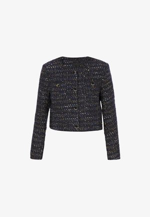 Marineblazer aus Tweed mit goldenen und blauen Fäden. Runder Halsausschnitt, lange Ärmel, cropped Design und doppelte Frontknopfverschlüsse mit schwarzen Knöpfen.