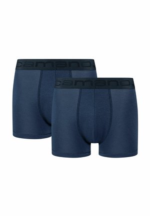 To mørkeblå herreboxershorts med sorte elastiske linninger med "camano"-logo, vist mod en hvid baggrund.