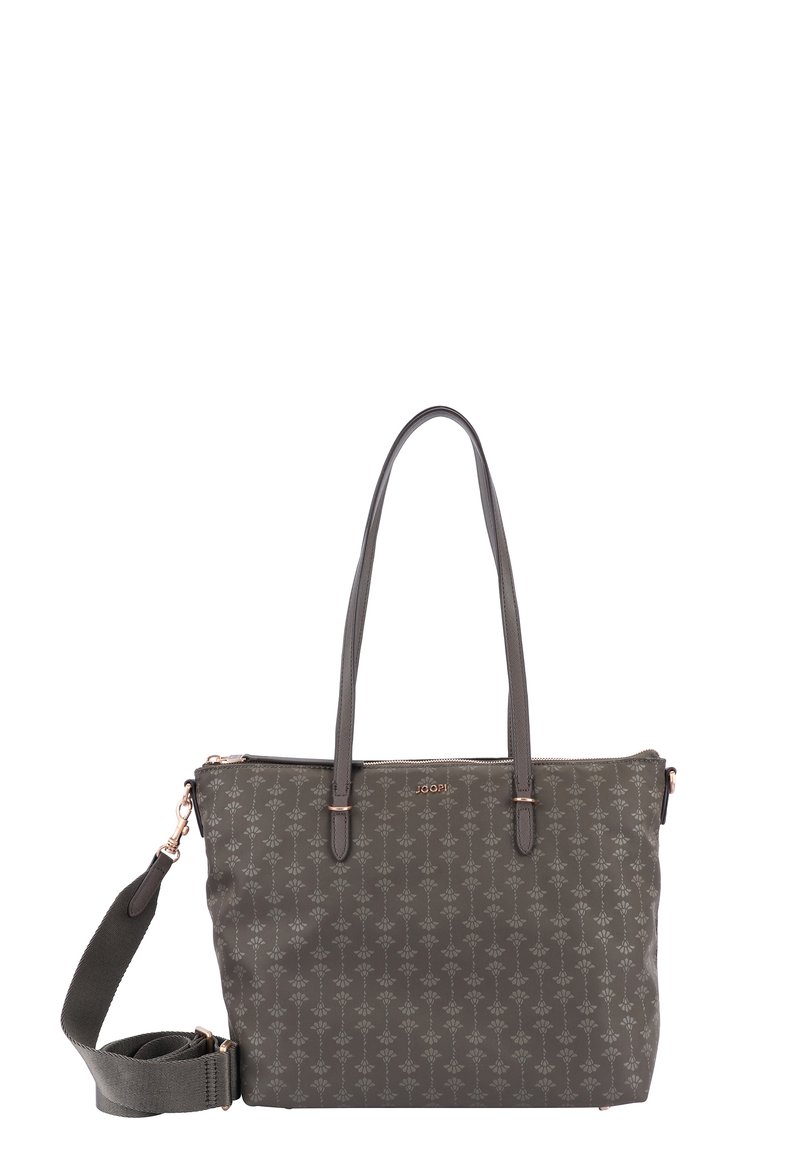Siva torba z rahlo metalno opremo, ki ima cvetlični vzorec, dvojne ročaje in odstranljivo ramensko naramnico. Tkanina je gladka.