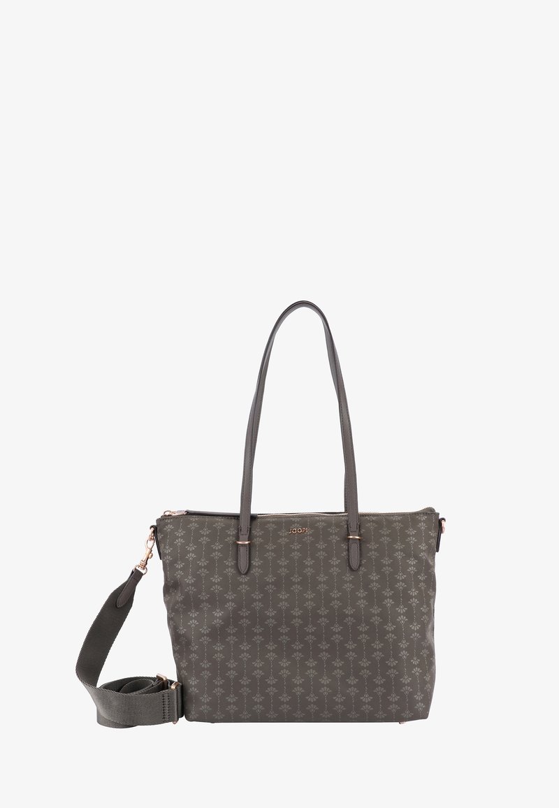 Siva torba z rahlo metalno opremo, ki ima cvetlični vzorec, dvojne ročaje in odstranljivo ramensko naramnico. Tkanina je gladka.