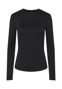 Svart långärmad topp gjord av en slät tyg, med rund halsringning och en figurnära silhuett. Enkelt, mångsidigt design utan dekorationer.