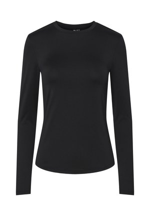 Haut noir à manches longues fabriqué en tissu lisse, avec un col rond et une silhouette ajustée. Design simple et polyvalent sans ornements.