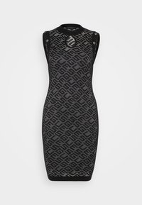 Robe sans manches noire avec un motif géométrique texturé, un col rond et des accents de boutons en argent sur les épaules.