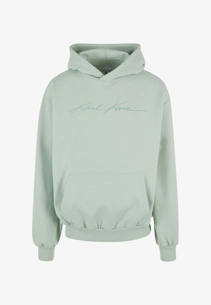 Mintgrüner Kapuzenpullover aus weichem Stoff, mit einer Fronttasche und gerippten Bündchen. Besticktes Logo in einem kontrastierenden Farbton.