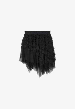 Zwarte asymmetrische gelaagde tule rok met meerdere geplooide lagen en een elastische tailleband met geperste merktekst.