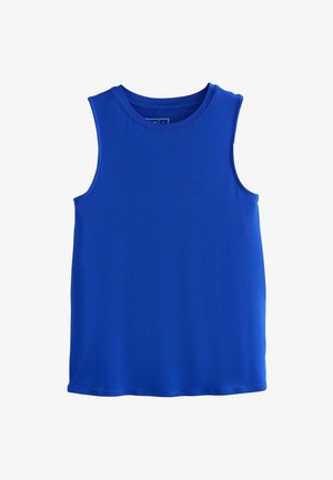 Mėlynas pasiūtas viršus be rankovių, pagamintas iš lygaus audinio. Turi apvalų kaklo iškirpimą ir paprastą dizainą, be matomų raštų ar akcentų.