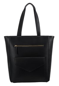 Sac fourre-tout noir en simili cuir, doté de deux poignées, d'une poche zippée à l'avant et d'une forme rectangulaire avec un rabat à pli.