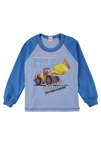 Niebieska koszula z długim rękawem i rękawami raglanowymi, z grafiką żółtej ładowarki czołowej oraz napisem "STREFA ROBÓT" i "SPRZĘT BUDOWLANY".