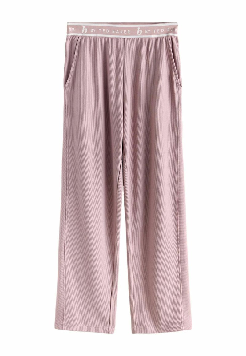 Gaiši rozā plata piegriezuma bikses ar ribveida tekstūru, kontrastējošu logotipa jostu un sānu kabatām. Mīksts, plūstošs audums.