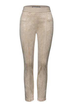 Beiga faux suede-byxor med en strukturerad yta, som har en bred elastisk midja och snittdetaljer i vinkel för en figurnära silhuett.