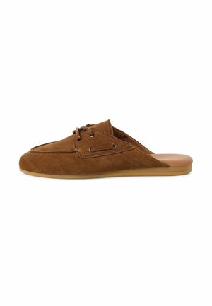Brown suede slip-on shoe with a rounded toe, grommet accents, and a smooth tan insole. Flexible rubber outsole for comfort.