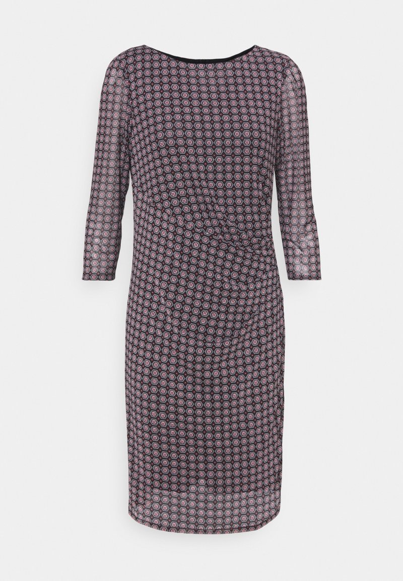 Robe noire et rose à motifs, longueur genou, manches transparentes 3/4 et détail froncé à la taille.
