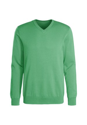 Einfacher grüner Langarmpullover mit V-Ausschnitt, gerippten Bündchen und Saum, von vorne auf weißem Hintergrund dargestellt.