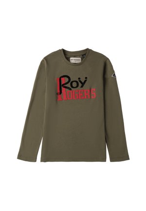 Olivegrünes, langärmliges T-Shirt aus Baumwolle. Mit auffälligem, schwarzem und rotem grafischem Text "Roy Rogers" auf der Vorderseite. Rundhalsausschnitt, normale Passform.