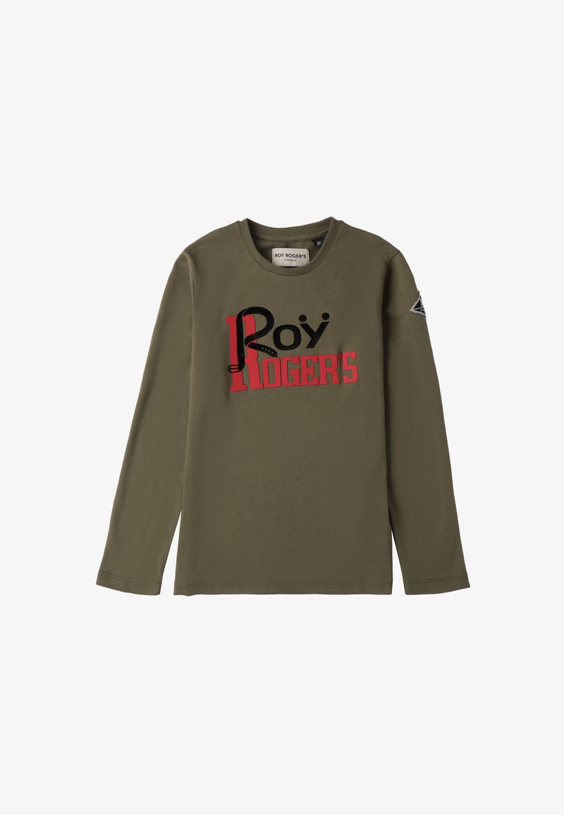 Oliwkowa koszulka z długim rękawem wykonana z bawełny. Z przodu znajduje się odważny, czarny i czerwony napis graficzny "Roy Rogers". Okrągły dekolt, standardowy krój.