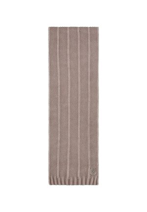 Écharpe tricotée dans une douce couleur taupe avec une texture côtelée, dotée d'une étiquette logo décorative à une extrémité et d'un bord côtelé.