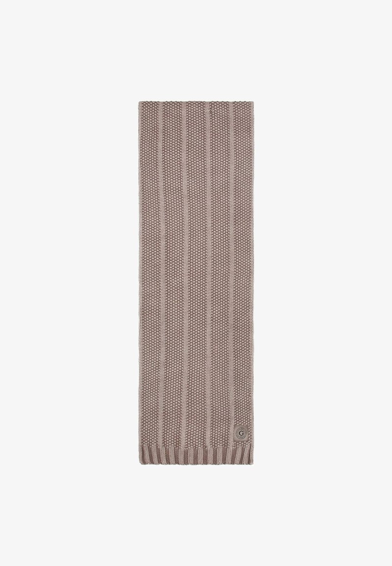 Strickschal in einer weichen Taupefarbe mit strukturiertem Rippenmuster, versehen mit einem dekorativen Logotag an einem Ende und einem gerippten Rand.