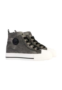 High-top sneakers made of gray canvas with a black logo patch, black laces, metal eyelets, a white toe cap, and a double black stripe sole.